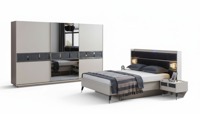 Mobilier de chambre gris Lit de designer 2x tables de chevet Armoire en bois 4 pièces