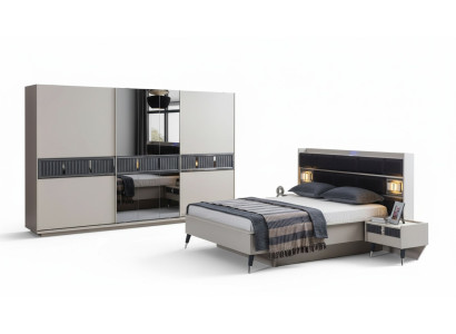 Mobilier de chambre gris Lit de designer 2x tables de chevet Armoire en bois 4 pièces