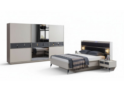 Mobilier de chambre gris Lit de designer 2x tables de chevet Armoire en bois 4 pièces