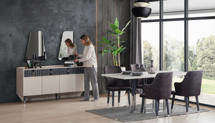 Ensemble de salle à manger moderne Table à manger rectangulaire 6x Chaises Buffet 2x Miroir