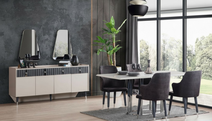 Ensemble de salle à manger moderne Table à manger rectangulaire 6x Chaises Buffet 2x Miroir