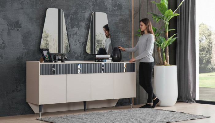 Complet et Suite Designer Beige Sideboard Sideboard Ensemble de 2 Miroirs en 3 pièces