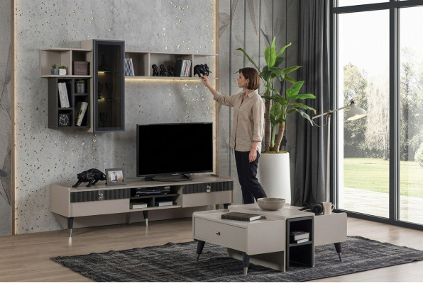 Ensemble salon designer Meuble TV stand luxe étagères bois table basse 3 pièces