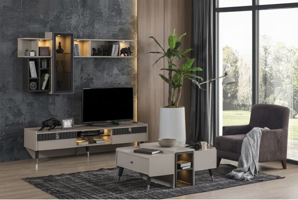 Ensemble salon designer Meuble TV stand luxe étagères bois table basse 3 pièces
