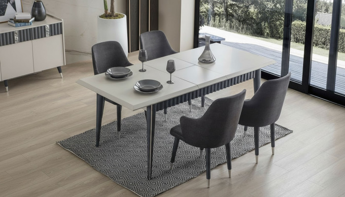 Table à manger rectangulaire blanche design 6 chaises rembourrées grises ensemble de 7 pièces.
