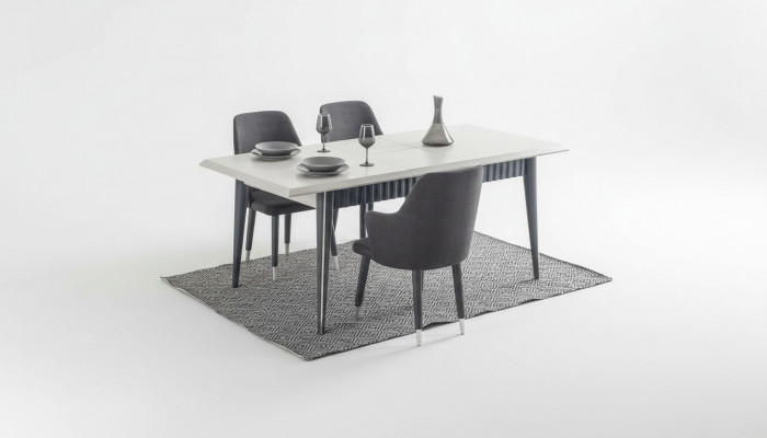 Table à manger rectangulaire blanche design 6 chaises rembourrées grises ensemble de 7 pièces.
