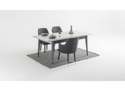 Table à manger rectangulaire blanche design 6 chaises rembourrées grises ensemble de 7 pièces.