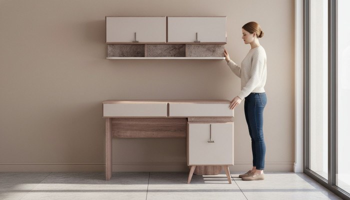 Bureau beige, bureau de luxe, armoire murale, bureau d'ordinateur, ensemble de bureau.