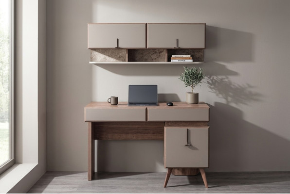 Bureau beige, bureau de luxe, armoire murale, bureau d'ordinateur, ensemble de bureau.