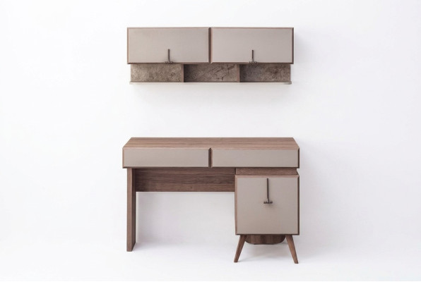 Bureau beige, bureau de luxe, armoire murale, bureau d'ordinateur, ensemble de bureau.