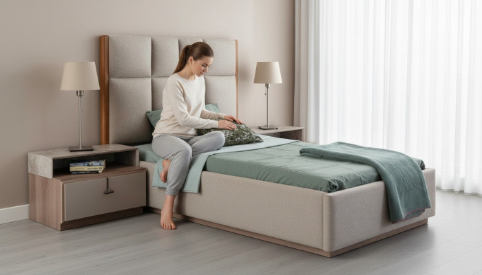 Chambre d'enfant beige avec lit simple design en bois et ensemble de 2 tables de chevet.