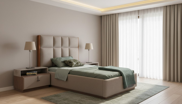 Chambre d'enfant beige avec lit simple design en bois et ensemble de 2 tables de chevet.