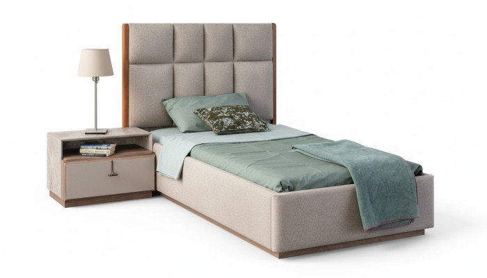 Chambre d'enfant beige avec lit simple design en bois et ensemble de 2 tables de chevet.