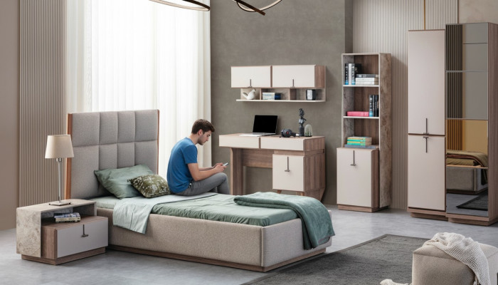 Suite complète de chambre d'enfants de luxe, lit 1x, tables de chevet, étagère à livres.