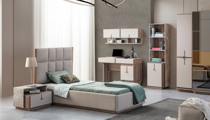 Suite complète de chambre d'enfants de luxe, lit 1x, tables de chevet, étagère à livres.