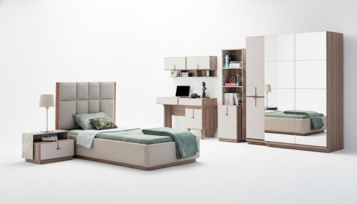 Suite complète de chambre d'enfants de luxe, lit 1x, tables de chevet, étagère à livres.