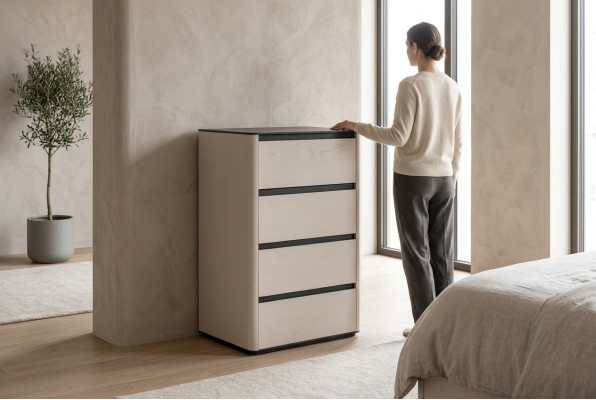Coffre à tiroirs en bois beige 4 portes Armoire en bois Armoire complémentaire élégante pour chambre à coucher