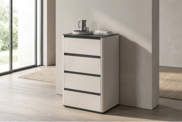 Coffre à tiroirs en bois beige 4 portes Armoire en bois Armoire complémentaire élégante pour chambre à coucher