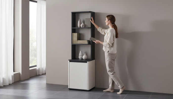 Étagère pour enfants noire et blanche, conçue par un designer, bibliothèque sur pieds.