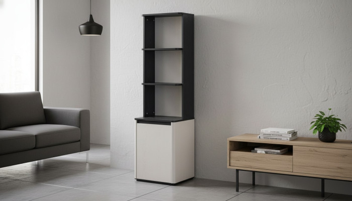 Étagère pour enfants noire et blanche, conçue par un designer, bibliothèque sur pieds.