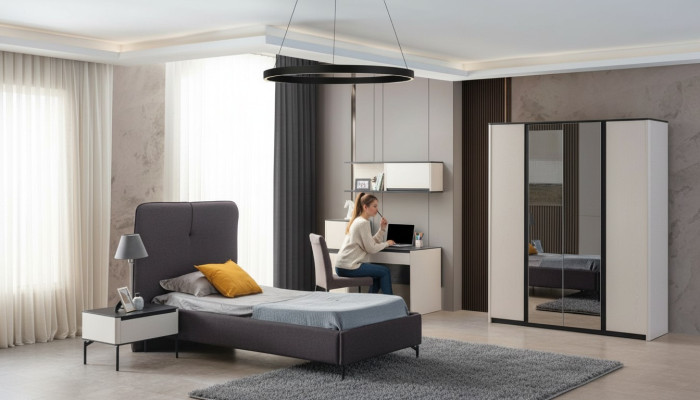Complétez la chambre d'enfants avec les meubles suivants : Lit Table de chevet Bureau Armoire