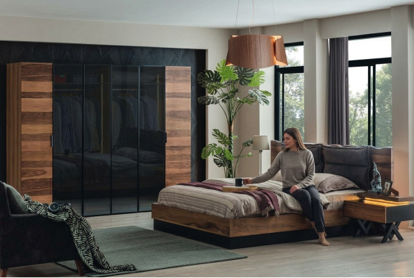 Meubles de chambre modernes Lit de designer 2x Tables de chevet Armoire