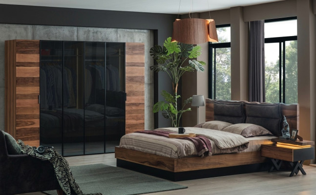 Meubles de chambre modernes Lit de designer 2x Tables de chevet Armoire