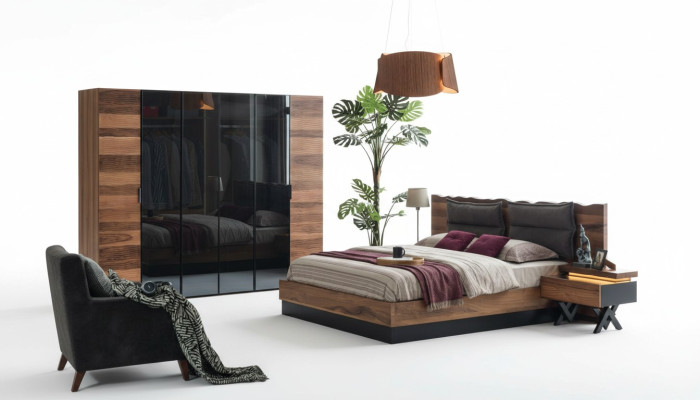 Meubles de chambre modernes Lit de designer 2x Tables de chevet Armoire