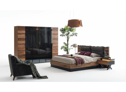 Meubles de chambre modernes Lit de designer 2x Tables de chevet Armoire