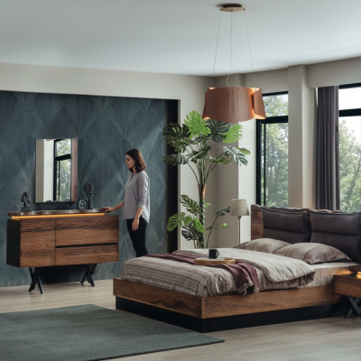 Ensemble moderne de chambre à coucher en bois, lit double, console de nuit, 5 pièces.