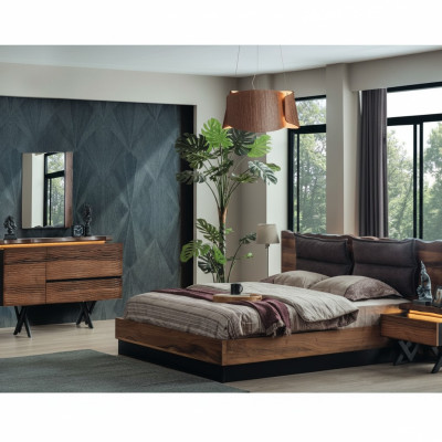 Ensemble moderne de chambre à coucher en bois, lit double, console de nuit, 5 pièces.