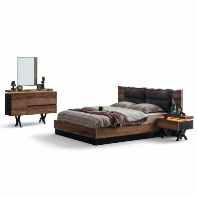Ensemble moderne de chambre à coucher en bois, lit double, console de nuit, 5 pièces.