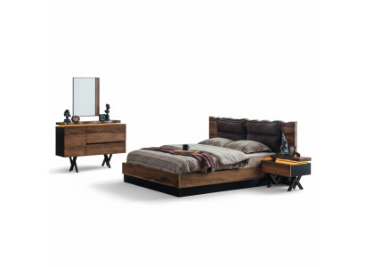Ensemble moderne de chambre à coucher en bois, lit double, console de nuit, 5 pièces.