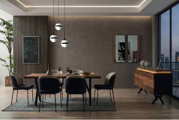 Ensemble de salle à manger brun-noir complet Table à manger en bois de designer Chaises rembourrées