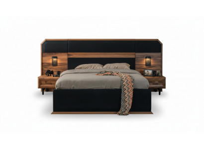 Suite de chambre en bois brun-noir Lit double 2 tables de chevet 3 pièces