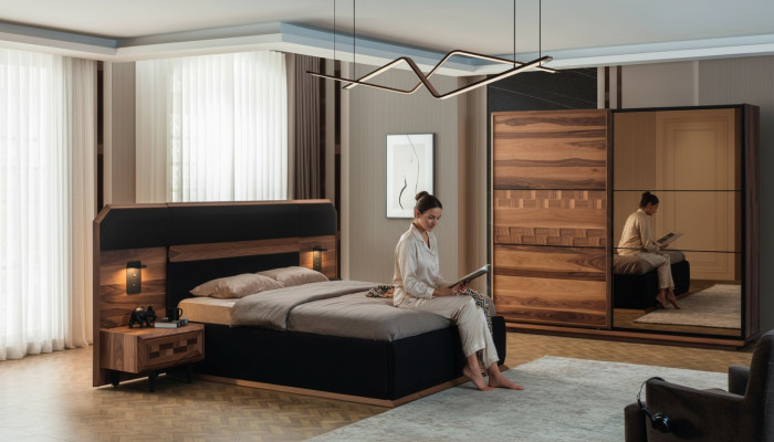 Exquise Suite de chambre Lit double noble 2x Tables de nuit en bois