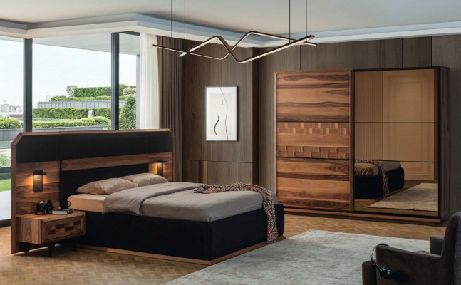 Exquise Suite de chambre Lit double noble 2x Tables de nuit en bois