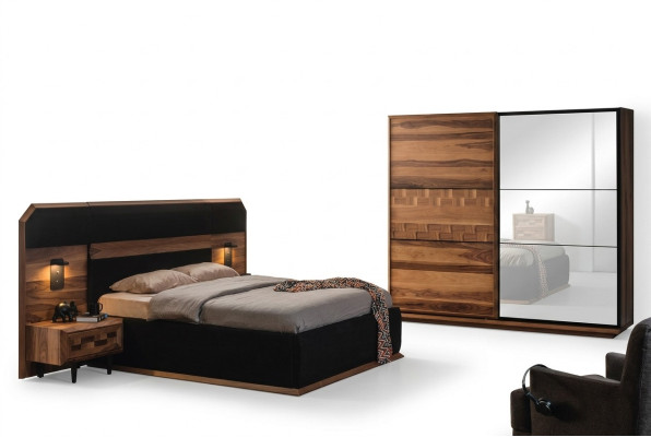 Exquise Suite de chambre Lit double noble 2x Tables de nuit en bois