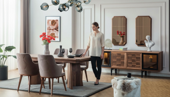 Ensemble de salle à manger élégant composé d'une table en bois exclusive, d'un buffet design et de chaises - 10 pièces