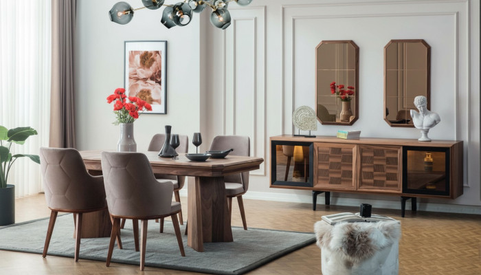 Ensemble de salle à manger élégant composé d'une table en bois exclusive, d'un buffet design et de chaises - 10 pièces