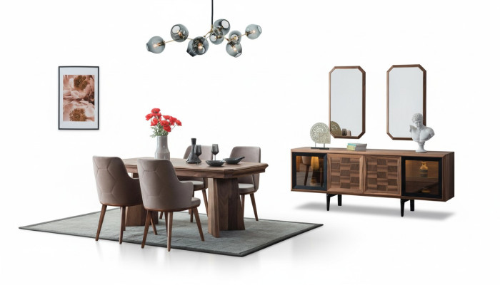 Ensemble de salle à manger élégant composé d'une table en bois exclusive, d'un buffet design et de chaises - 10 pièces