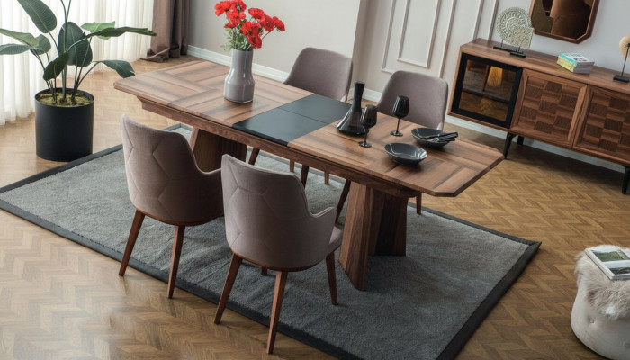 Ensemble de salle à manger complet  Zone à manger du designer  Table à manger en bois  6 chaises rembourrées