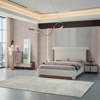Mobilier de chambre élégant en beige avec lit double rembourré et coiffeuse 5 pièces