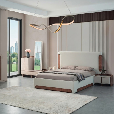 Mobilier de chambre élégant en beige avec lit double rembourré et coiffeuse 5 pièces