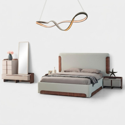 Mobilier de chambre élégant en beige avec lit double rembourré et coiffeuse 5 pièces