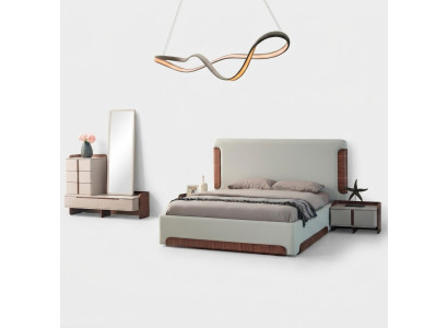Mobilier de chambre élégant en beige avec lit double rembourré et coiffeuse 5 pièces