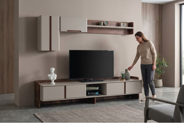 Unité murale de salon blanche Mobilier luxueux Meuble TV Buffet bas Étagères Bahut