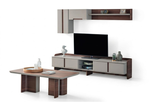 Ensemble de mur de salon élégant avec téléviseur de designer, meuble bas en bois et table basse.