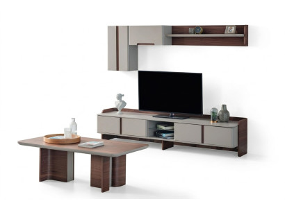 Ensemble de mur de salon élégant avec téléviseur de designer, meuble bas en bois et table basse.