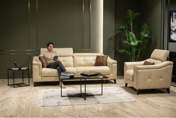 Salon beige Trois places en cuir Canapé 3 places Rembourrage Cadre en bois